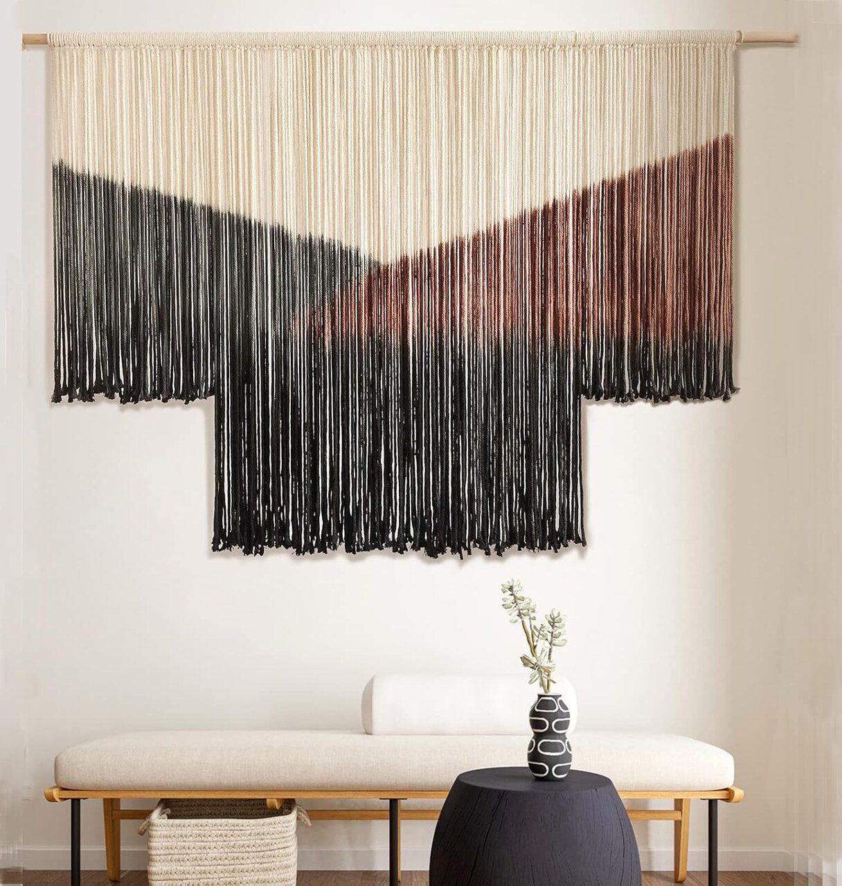 Large Macramé Wall Hanging – Black Tie-Dye Geometric Boho Yarn Tapestry, Handmade Bohemian Wall Décor for Home, 59" W x 35" L